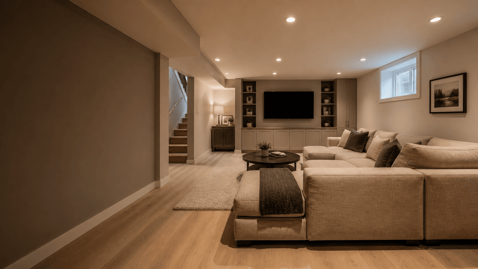 Warm, finished basement family room