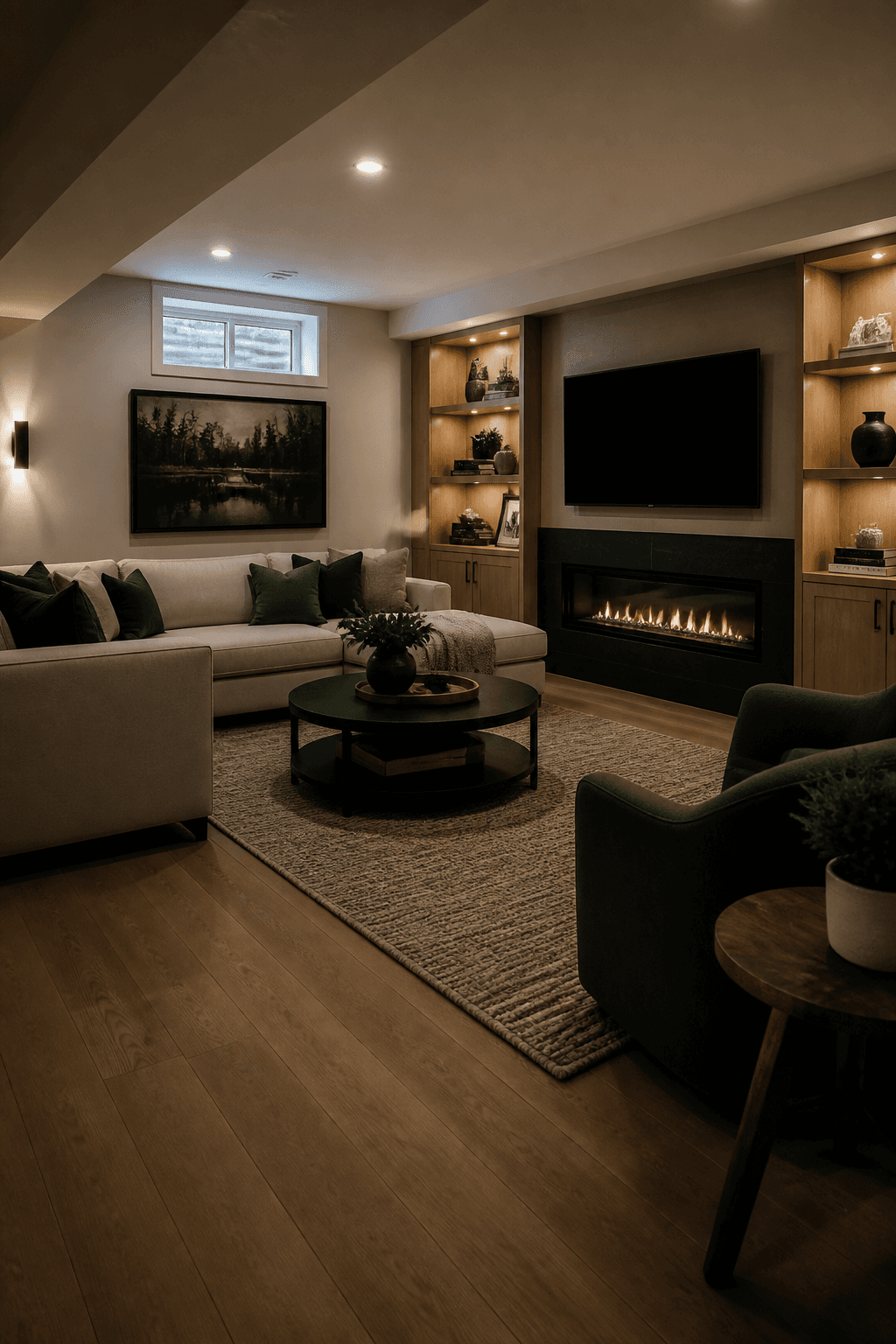Warm finished basement living room with custom media wall